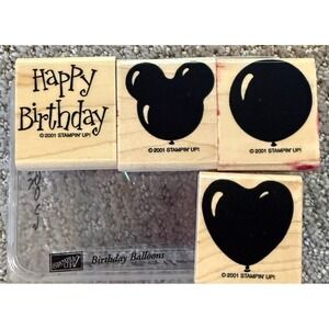 Stampin Up Birthday Balloons Rubber Stamps Set Wood Mounted Heart Mickey Mouse